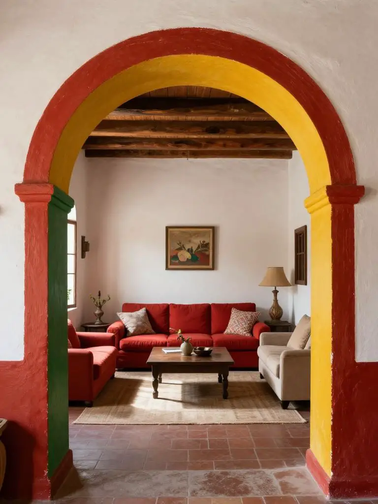 A charming Mexican style living room framed by a colorful painted archway in bold red, sunflower yellow, and emerald green tones.