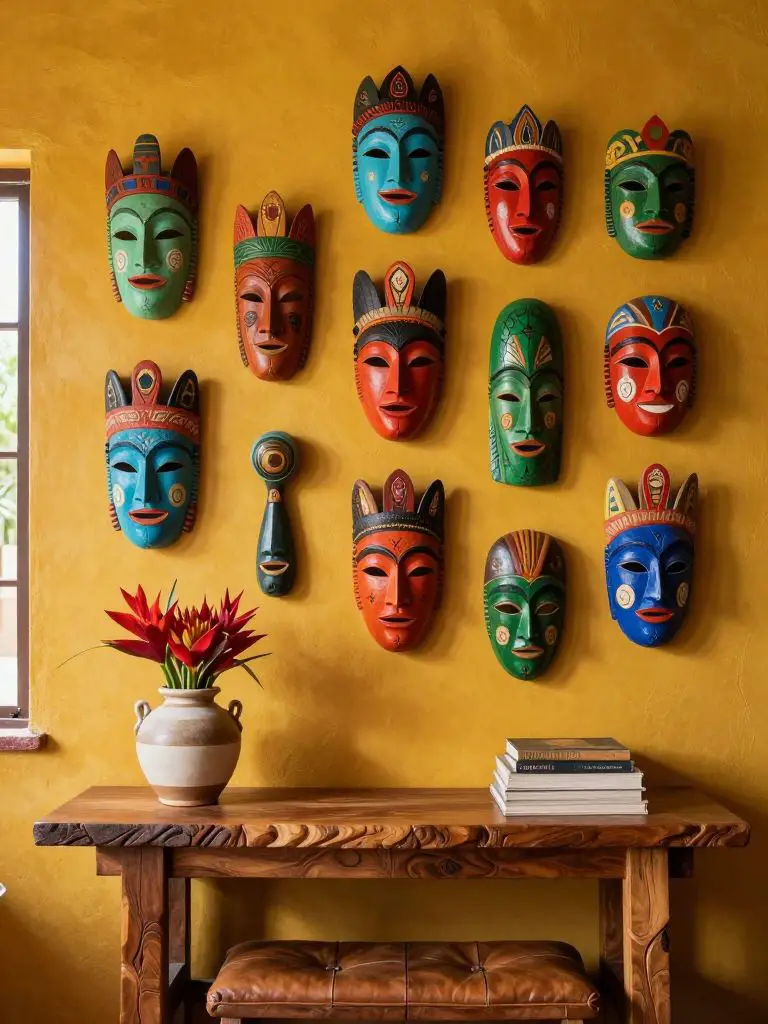 A bold rustic Mexican wall painted in rich sunflower ochre featuring a curated gallery of handcrafted wooden masks arranged in a grid compos.