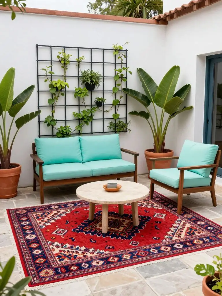 A vibrant tiny patio styled with a bold outdoor rug as the hero feature, blending Modern Rustic structure with playful color accents.