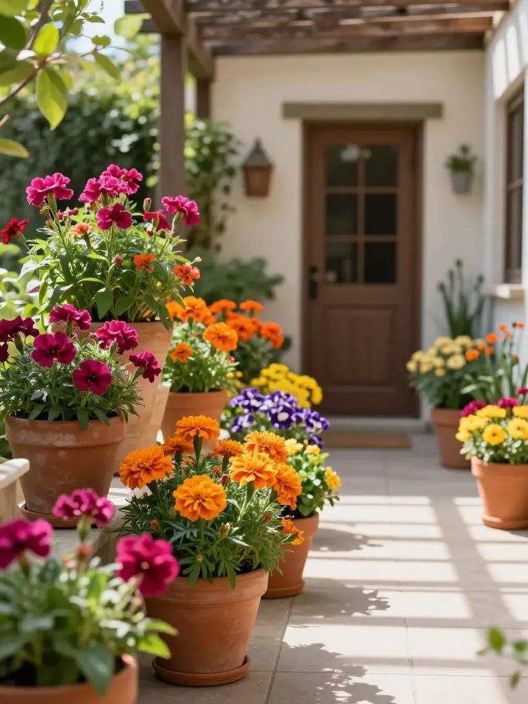 A vibrant tiny patio transformed into a colorful potted flower garden in Modern Rustic style.