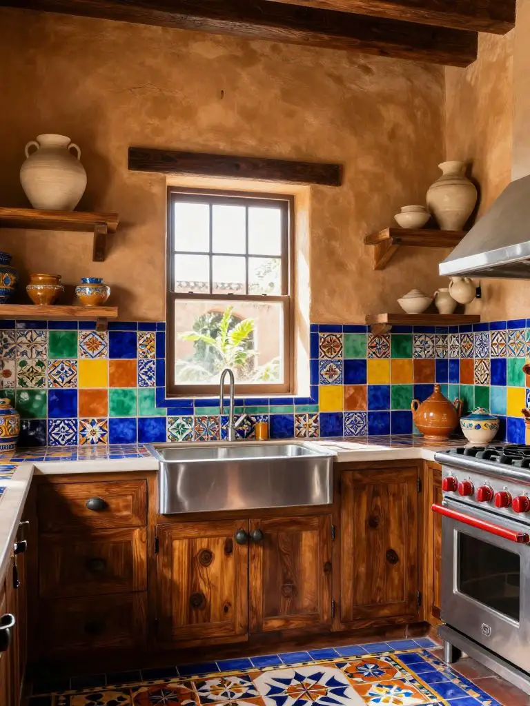 A vibrant Mexican Hacienda kitchen showcasing colorful Talavera tile backsplash in bold cobalt blue, mustard, terracotta, and forest green.