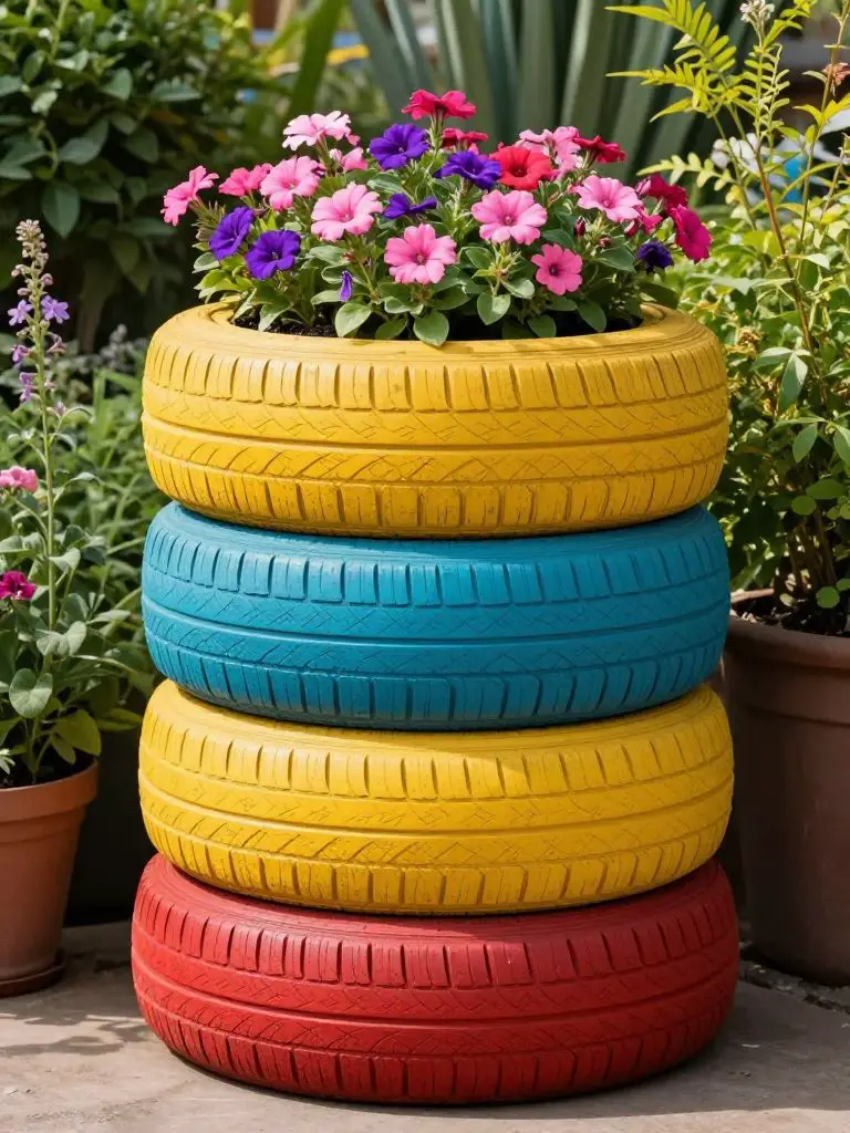 A playful outdoor garden corner featuring stacked upcycled tire planters painted in bold mustard yellow, teal blue, and deep red tones.