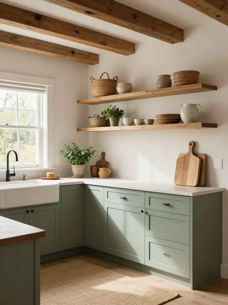 A soft-toned modern farmhouse kitchen renovation featuring muted sage green lower cabinetry paired with warm white upper walls and exposed w.