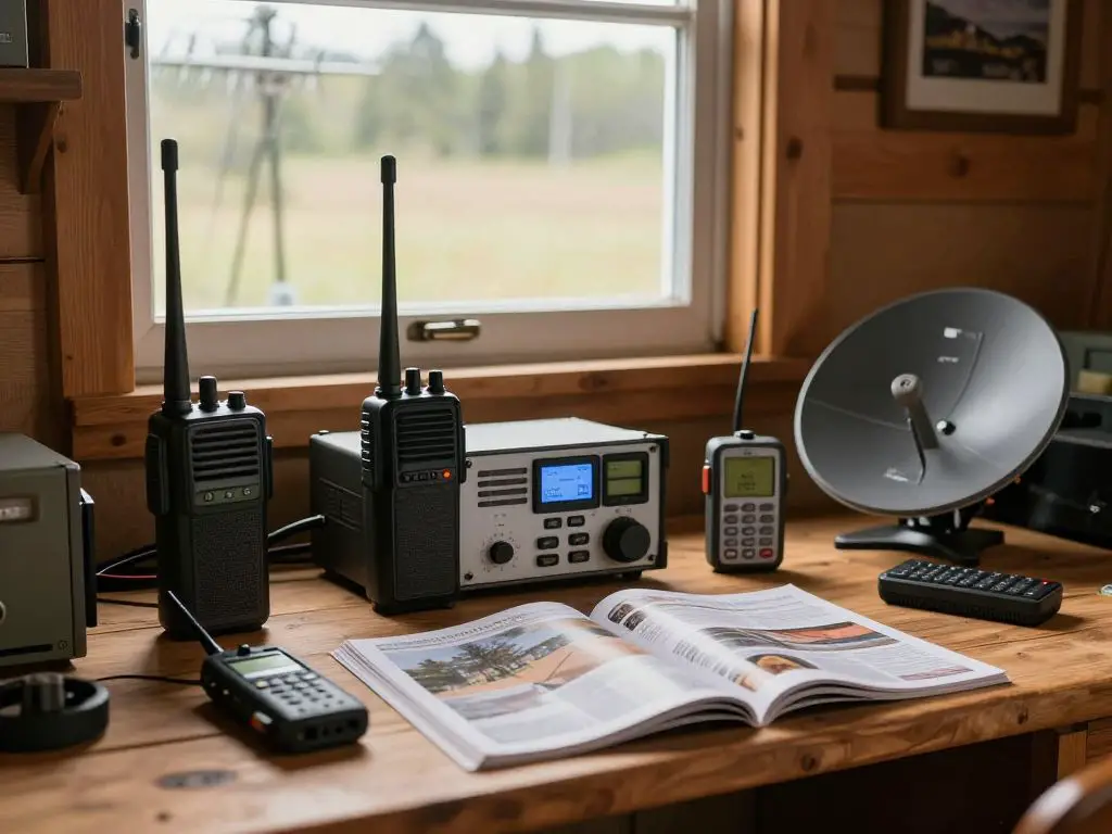 image of communication equipment setup in off-grid homestead, ham radio, satellite phone, weather radio arranged on wooden desk, antenna vis.