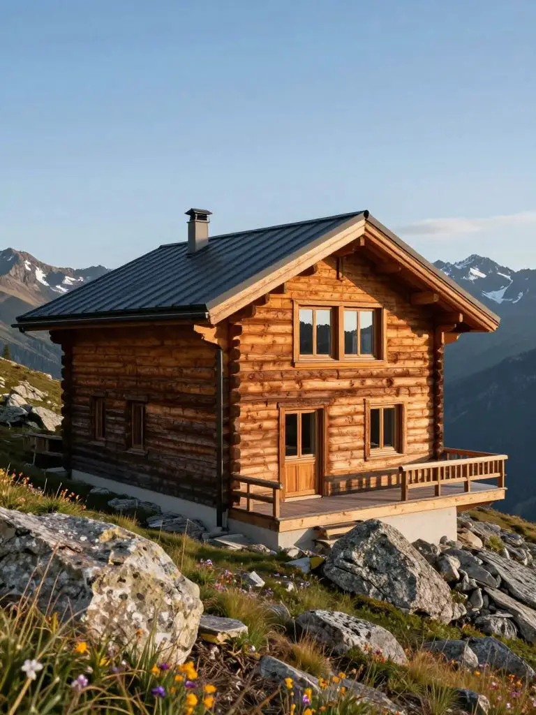 A hyper- architectural photograph of a compact alpine chalet, perched on a granite outcrop amid rugged mountain scenery and late-season alpi.