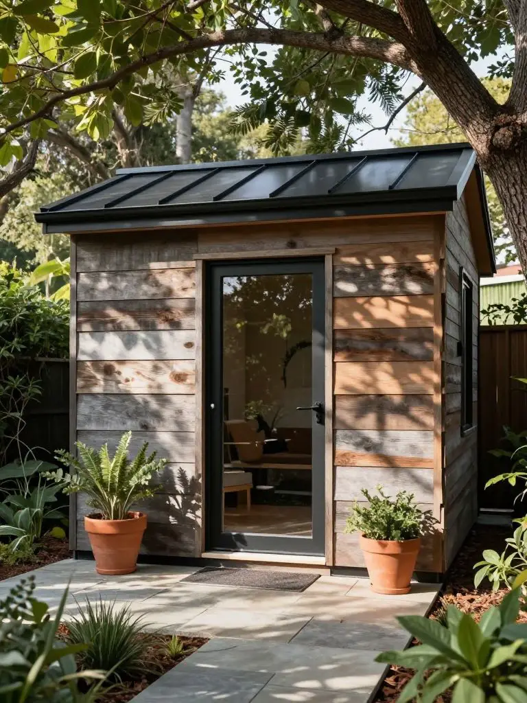 A compact backyard studio small cabin idea built beneath mature trees, blending Modern Rustic with garden retreat styling.