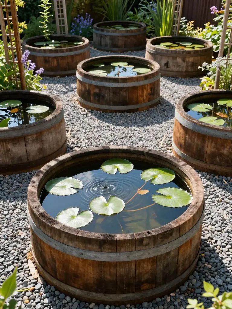 A small backyard water feature garden designed in rustic cottage style, centered around circular wooden barrel ponds.