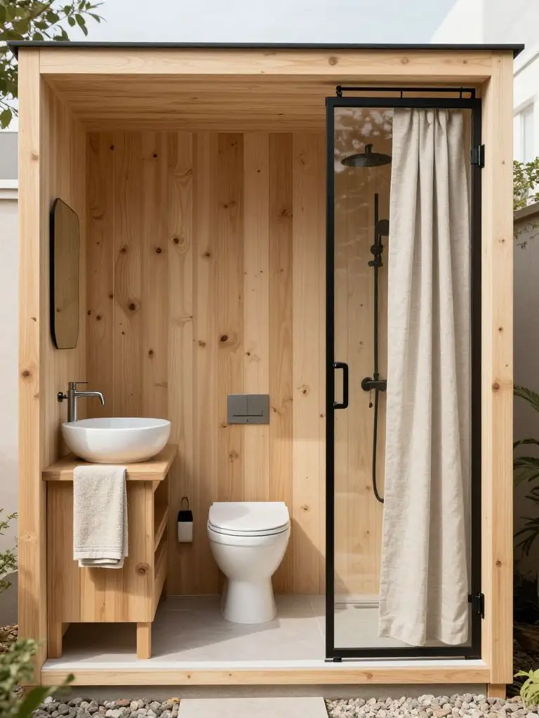 A compact off grid shower shed designed as a full outdoor bathroom, blending warm minimalist and modern rustic style.