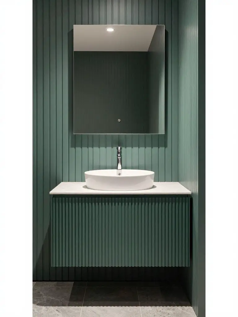 A compact contemporary dark green bathroom vanity with vertical slat wall paneling in a muted teal-green tone.