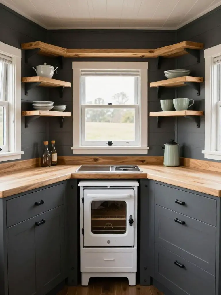 A compact corner stove tiny home kitchen designed in Modern Rustic style with deep gray cabinetry and thick light wood countertops.