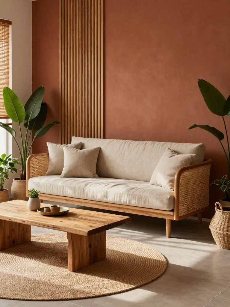 A compact eco friendly living room featuring woven cane furniture and a muted clay accent wall.