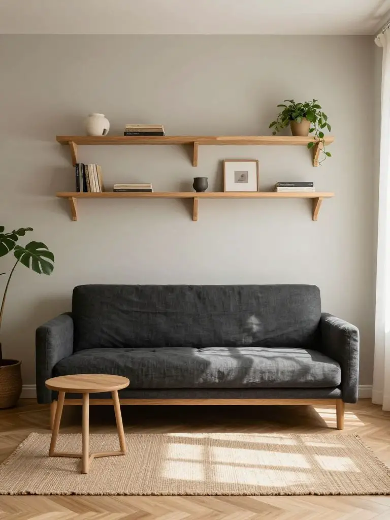 Small eco living room designed with smart wood shelving and compact storage solutions.