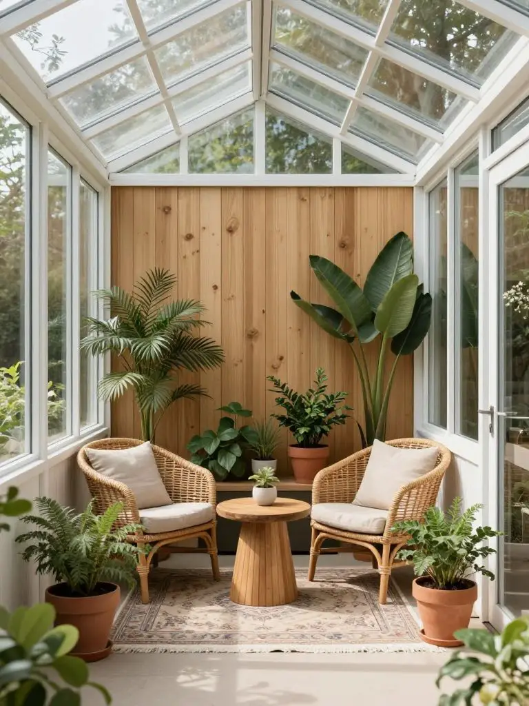 A compact greenhouse-style tiny backyard lounge blending Scandinavian Minimalism and Modern Rustic design.