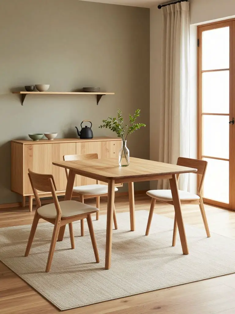 A compact minimalist Japandi dining room featuring a small square light oak table centered on a layered neutral rug combination in sand and.