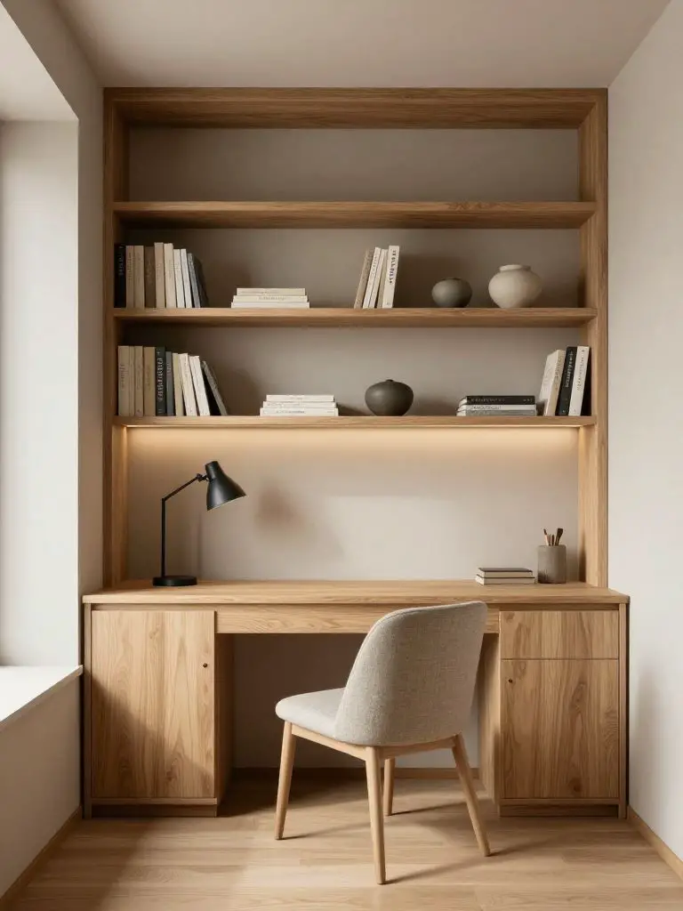 A compact Japanese Scandinavian home office nook designed with built-in oak shelving wrapping around a minimalist desk.