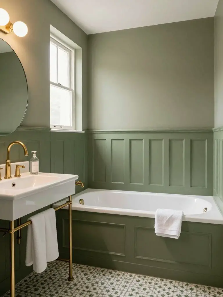 A compact olive green bathroom featuring classic trim details and a built-in tub along the back wall.