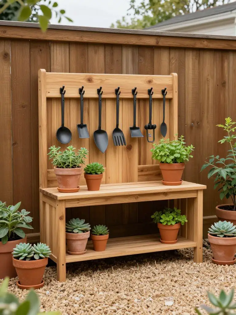 A compact wooden potting bench with integrated shelf and hanging tool rack placed against a stained wooden fence in a small backyard.
