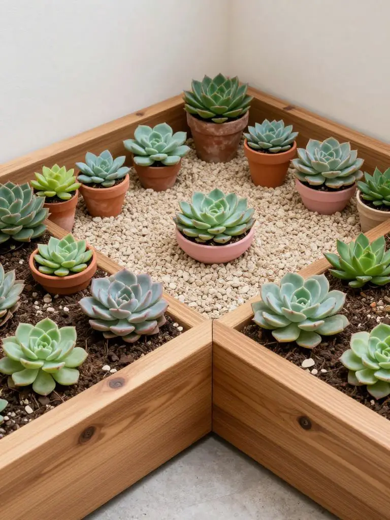 A compact corner raised bed featuring succulents and small potted plants arranged neatly along a wooden frame edge.