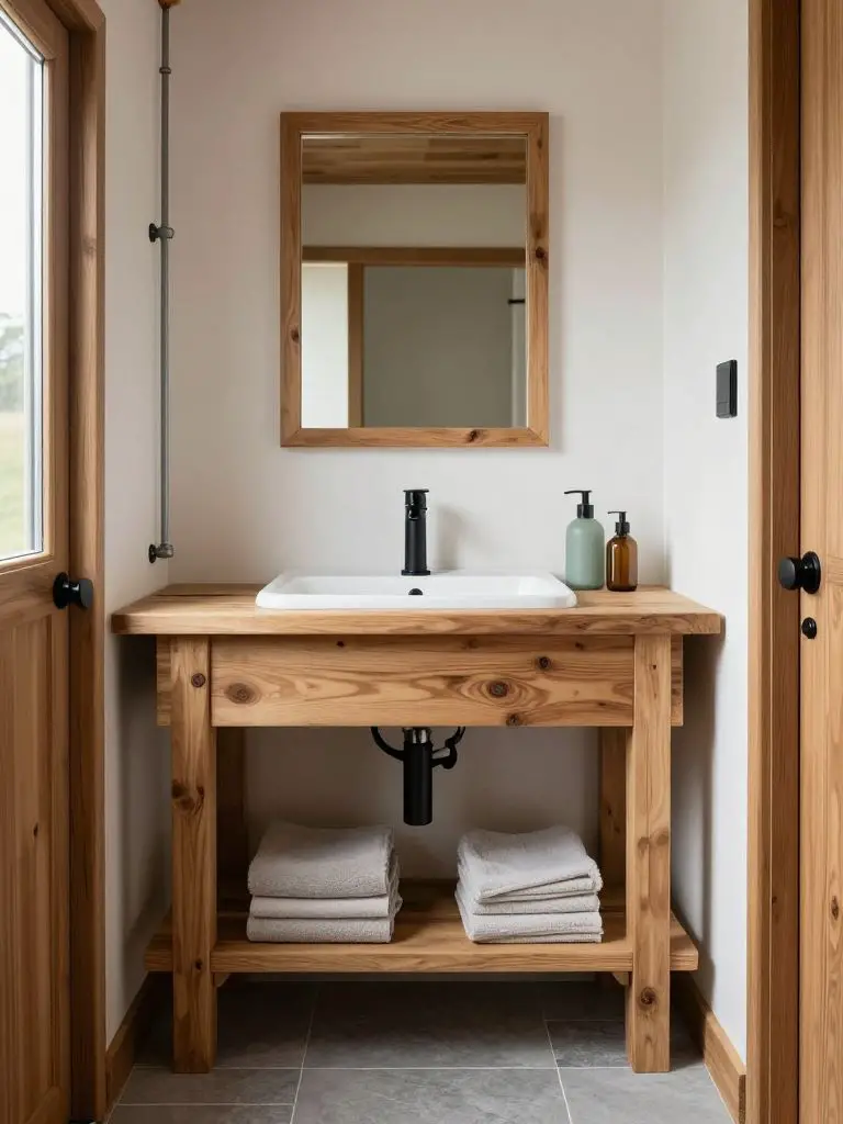 A compact off grid tiny house bathroom vanity in modern rustic style, designed for maximum efficiency.