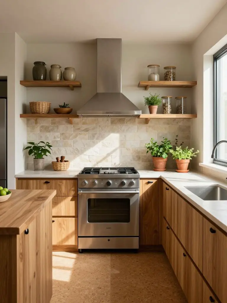 Design a compact sustainable kitchen with open FSC-certified wood shelving and warm oak cabinetry.