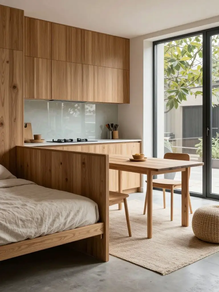 Capture a compact yet airy sustainable micro-apartment, where the foreground presents a custom pull-out birch plywood breakfast nook with vi.