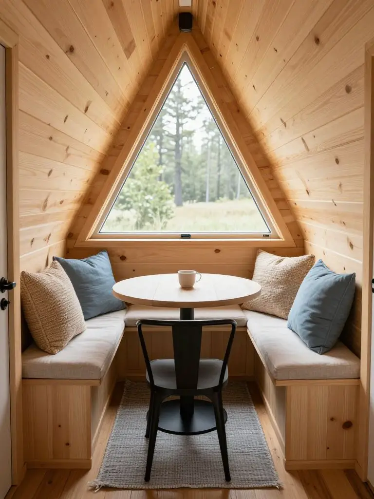 A compact breakfast nook inside a tiny cabin designed in Scandinavian Rustic style with warm pine wall paneling and a triangular clerestory.