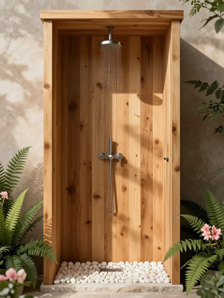 A compact vertical timber off grid shower cabin designed in warm minimalist rustic style.