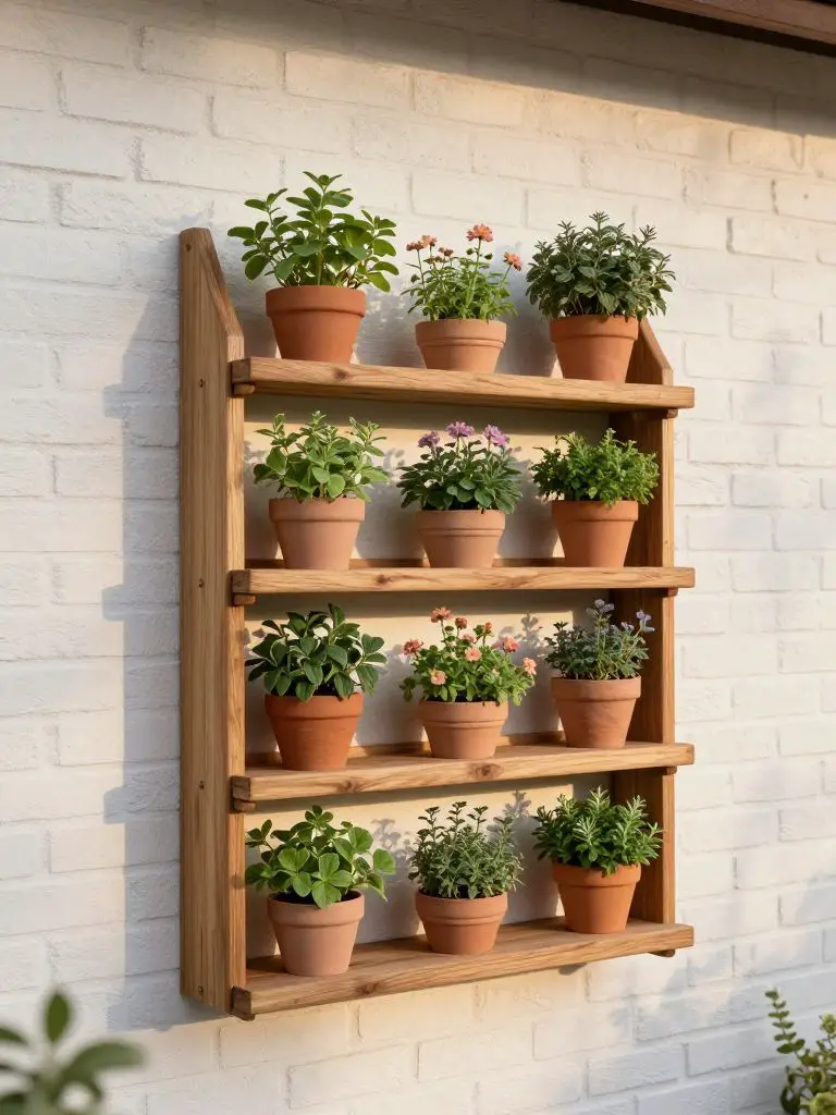 A compact wall-mounted herb garden styled in Warm Minimalist outdoor decor, featuring a rustic wooden tiered shelf attached to a white brick.