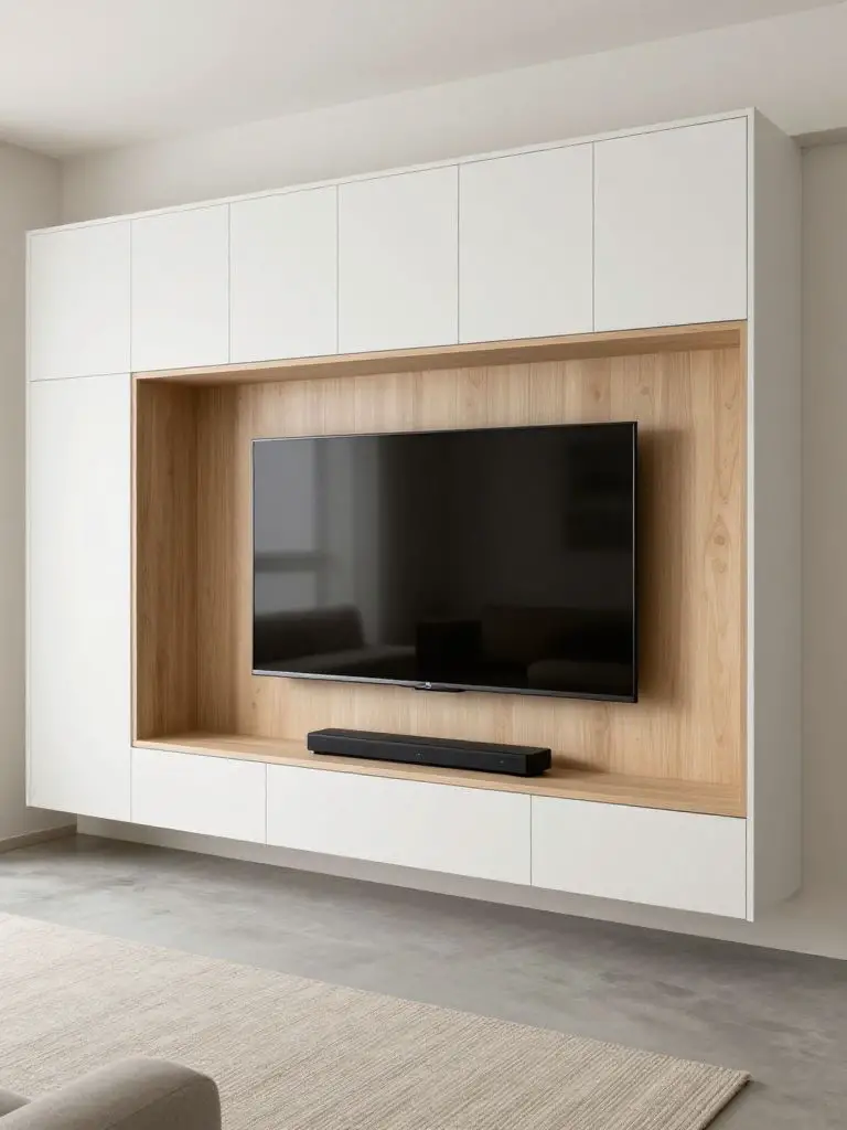 A compact minimalist TV wall niche designed for small living rooms, blending Japandi and Scandinavian elements.