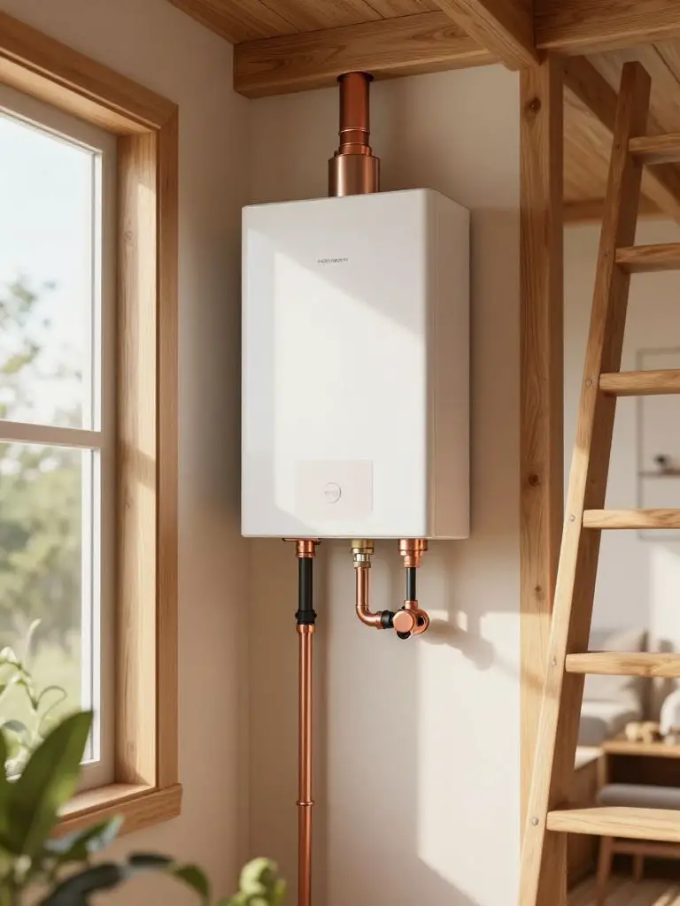 A compact off-grid utility corner featuring a wall-mounted tankless water heater integrated into a warm wood cabin interior.