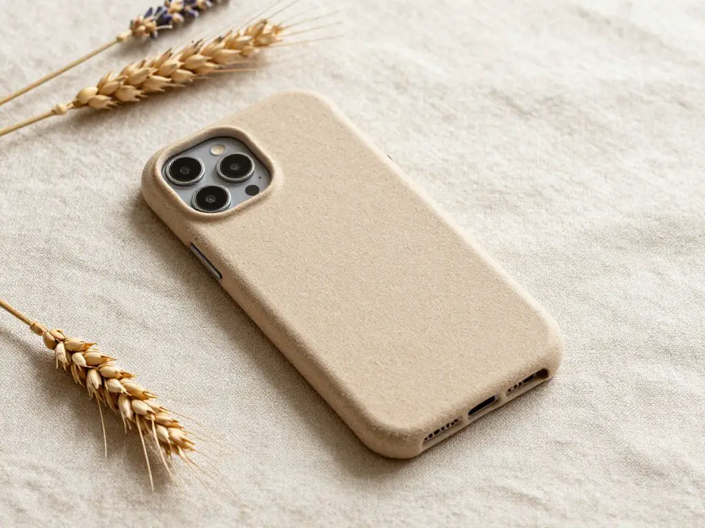 Product photography of compostable plant-based phone case on natural linen fabric surface, case showing organic texture and earth tone color.