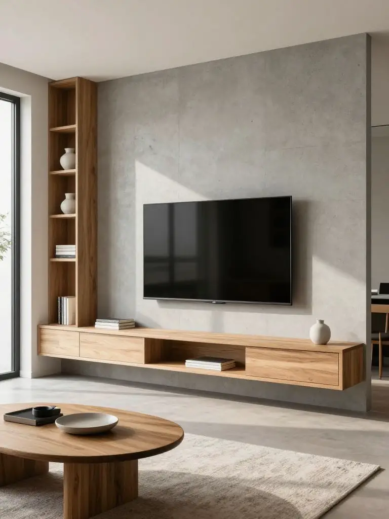 A modern minimalist TV wall featuring a light concrete-textured backdrop paired with integrated oak shelving on one side.