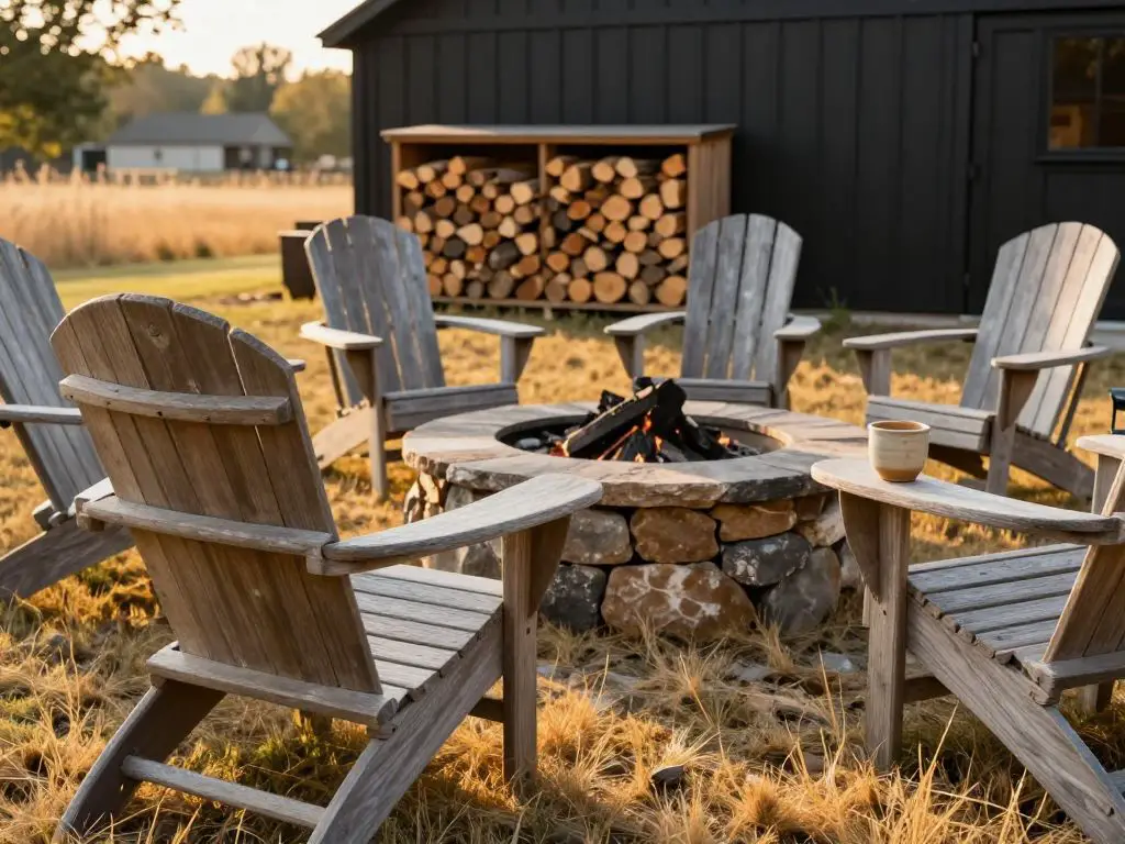 Exterior photograph of a casual outdoor gathering space at a rustic homestead, featuring a circular firepit made of stacked natural stone su.