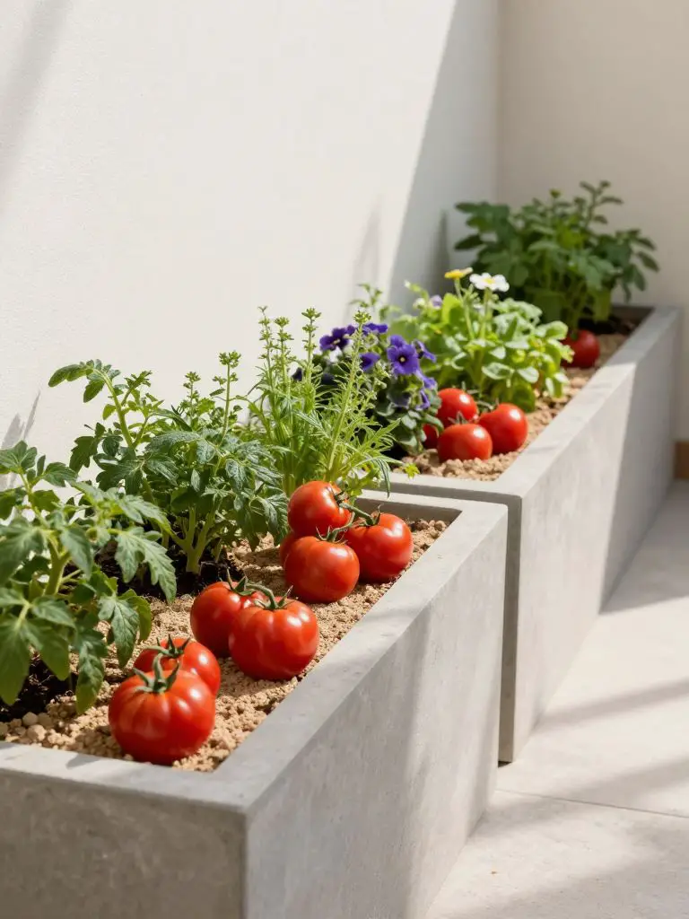 A compact container vegetable garden arranged along a small backyard wall in Modern Rustic style.