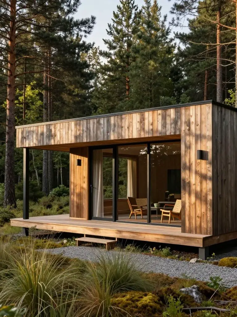 Capture a contemporary wooden cabin nestled at the edge of a dense pine forest, viewed from an oblique angle that reveals a clean-lined faça.