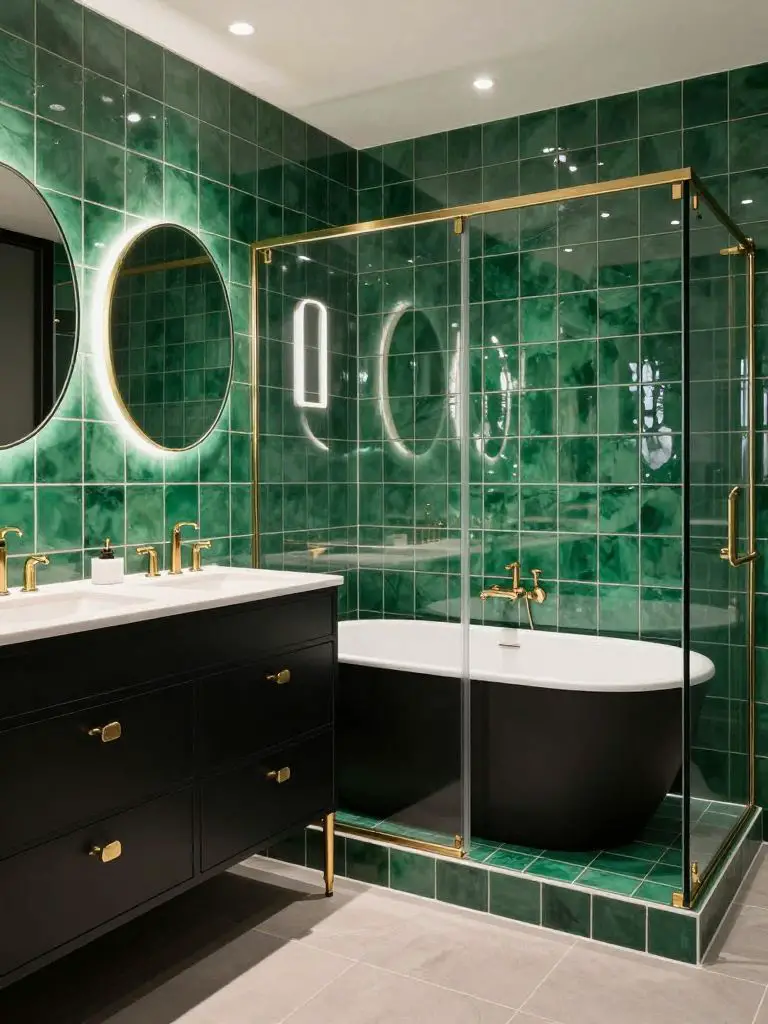 A contemporary emerald tile bathroom with glossy square emerald wall tiles wrapping the shower enclosure.