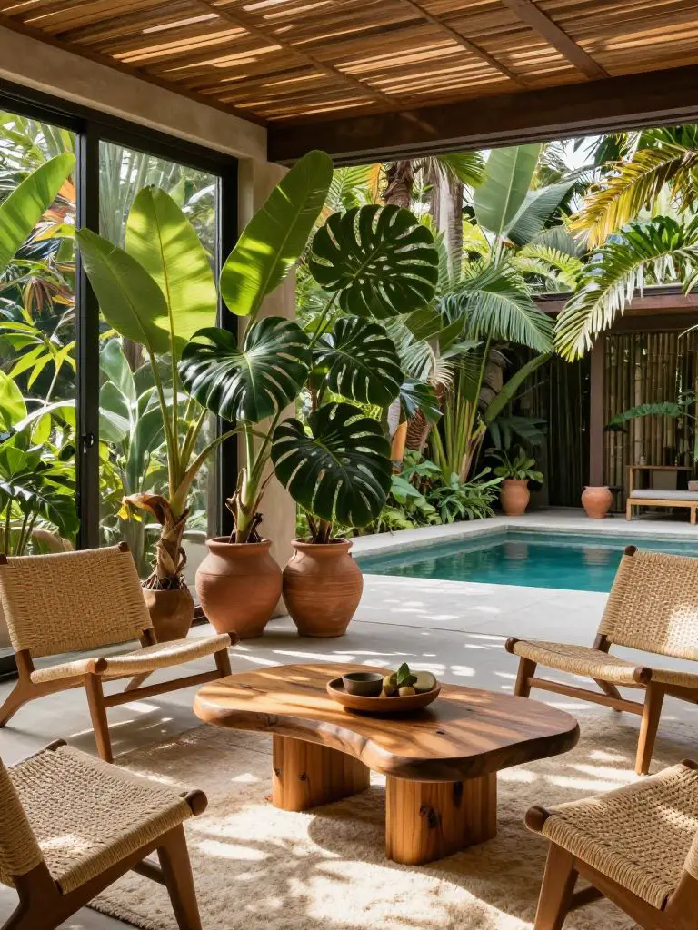 Photograph a contemporary jungle retreat’s main lounge, where the foreground features a low, curved teakwood coffee table with etched grain.