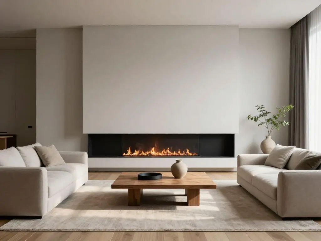 A contemporary minimalist living room featuring a sleek linear fireplace set into a smooth light gray feature wall.
