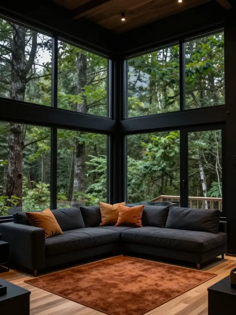 A contemporary mountain cabin living room with dramatic black-framed corner windows overlooking dense green forest.