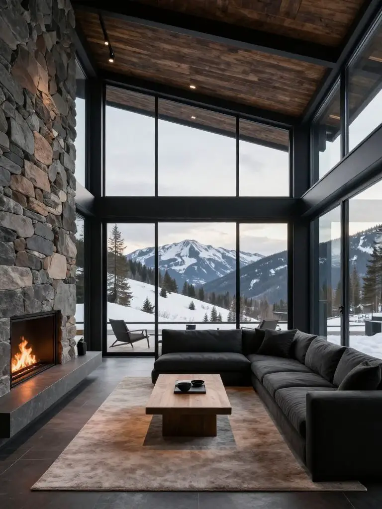 A contemporary mountain retreat living space defined by dramatic black-framed glass walls and a sleek linear stone fireplace along the left.
