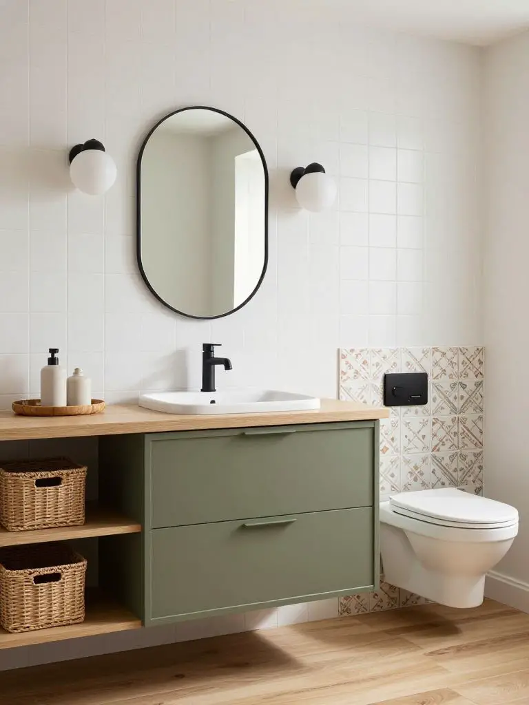A contemporary sage vanity with flat-panel drawers in muted olive paired with a patterned tile accent wall near a wall-mounted toilet.