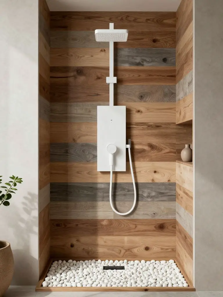 A contemporary spa-style off grid shower featuring mixed-tone horizontal wood panels and a multi-function shower system.