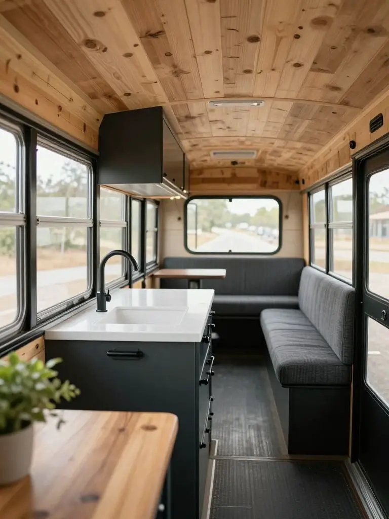 Showcase a hyper- interior photograph of a converted school bus featuring reclaimed wood plank walls and ceiling with visible grain and natu.