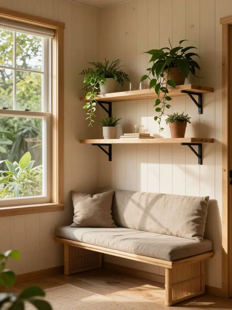 A tiny cabin workspace nook with built-in bench seating and wall-mounted wooden shelves in Warm Minimalist rustic style.