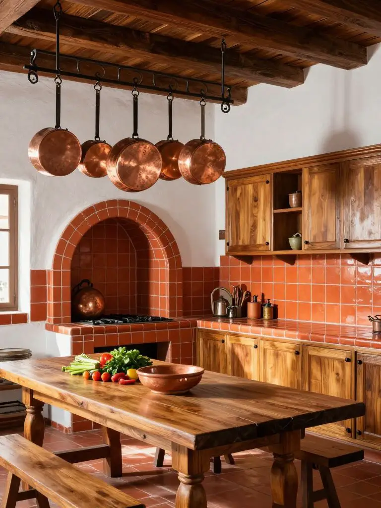 A traditional Mexican kitchen with bold terracotta tile countertops and a curved clay-tiled cooking alcove as the hero feature.
