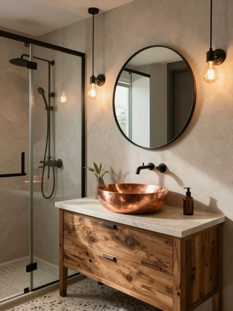 A refined modern rustic bathroom featuring a copper vessel sink resting on a stone countertop atop a reclaimed wood vanity.