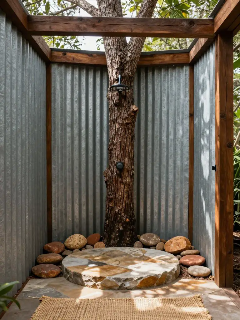 An off grid shower enclosed with corrugated metal panels and rustic timber beams, designed in an industrial modern rustic style.