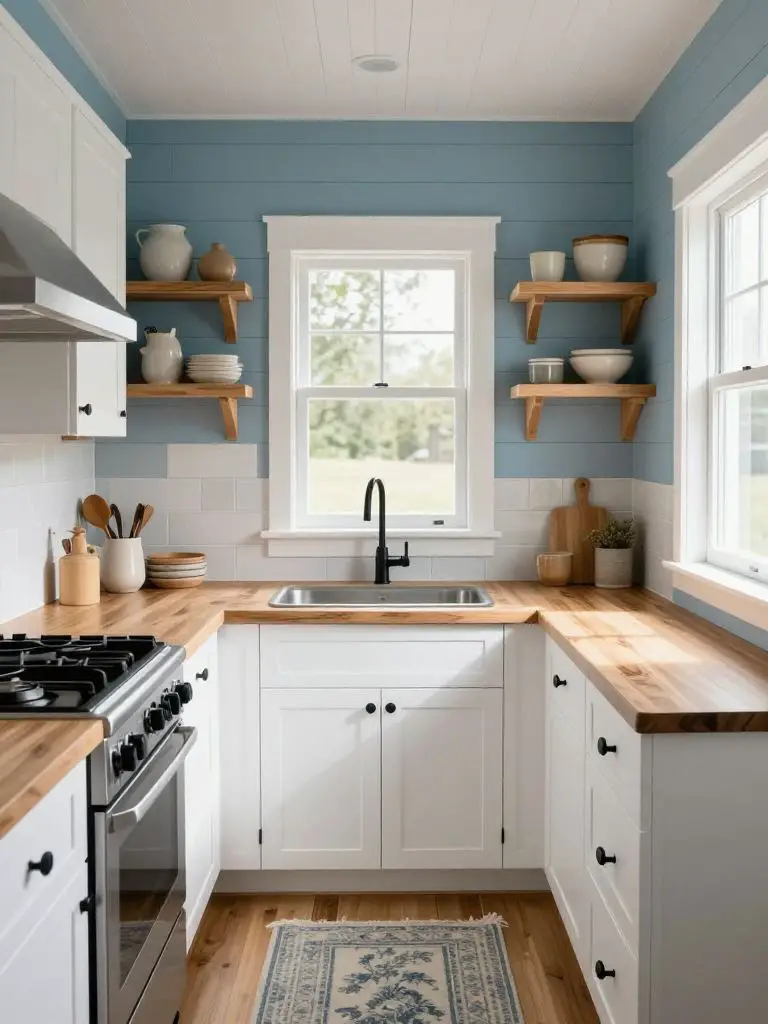 A cottage-style tiny home kitchen featuring soft blue shiplap walls, white shaker cabinetry, and butcher block countertops.
