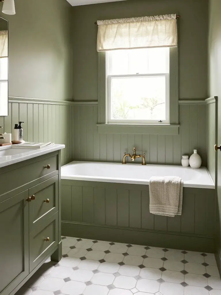 A cottage-inspired olive green bathroom with beadboard paneling and soft white tile flooring.