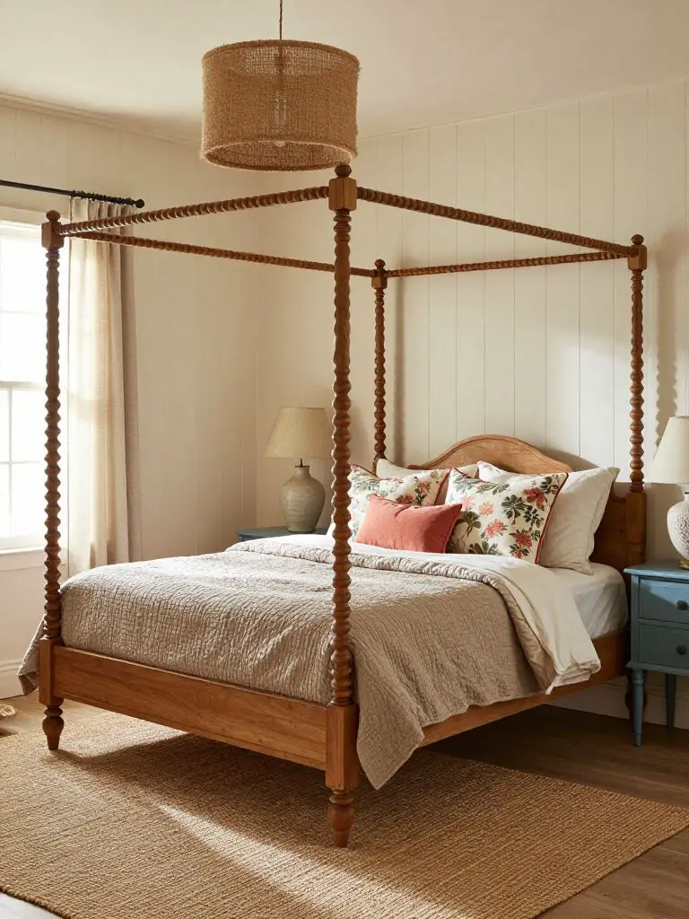 A cottage rustic bedroom in Vintage Farmhouse style featuring a turned wood four-poster bed as the hero focal point.